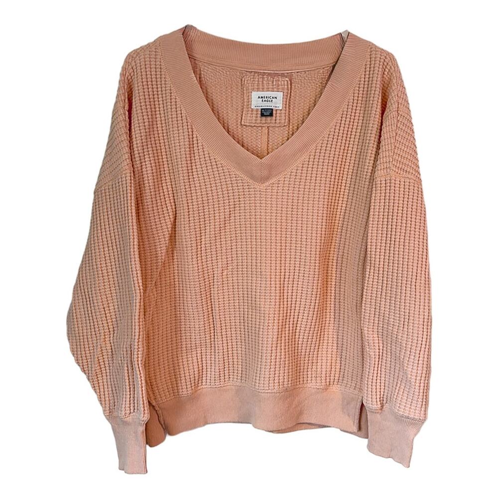AE American Eagle AE Big Hug V-Neck Waffle Sweater/Sweatshirt Pink Oversized XS